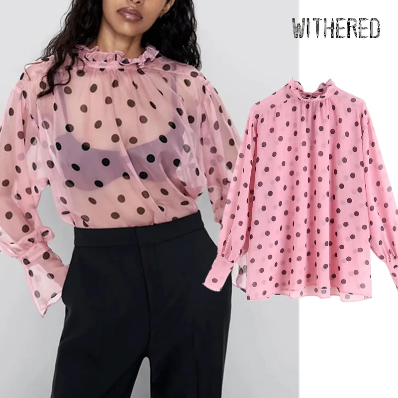 

Withered autumn england sexy perspective polka dot kimono blouse women blusas mujer de moda 2019 shirt womens tops and blouses