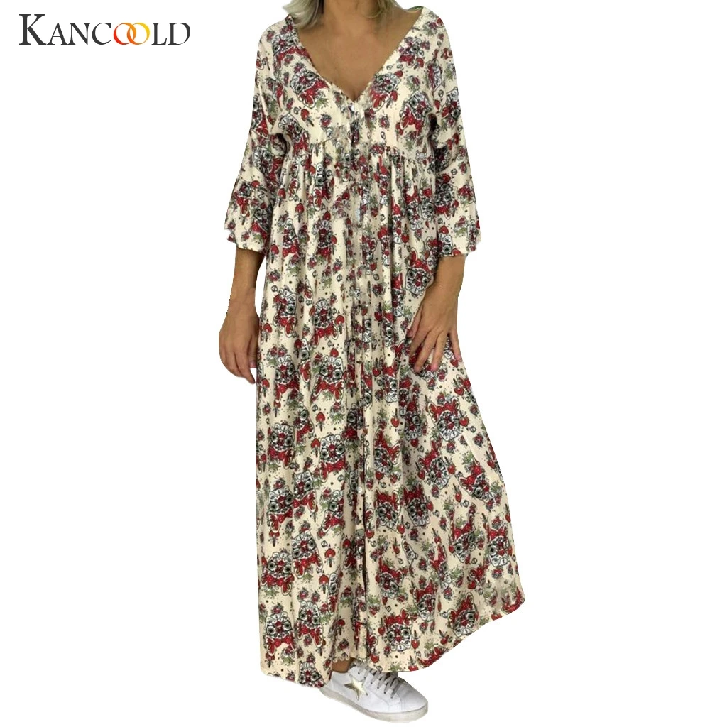 

KANCOOLD Women's Print Long Sleeve Retro Casual Stitch Loose Fashion Comfort V-neck Seaside Resort Dress