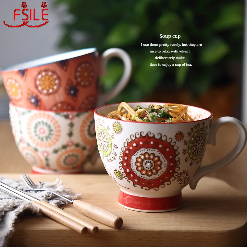 

FSILE Nordic Hand-painted Ceramic Cup Breakfast Cup Fine Oatmeal Soup Cup Couple Water Cup Breakfast Cup Office Fine Coffee Cup