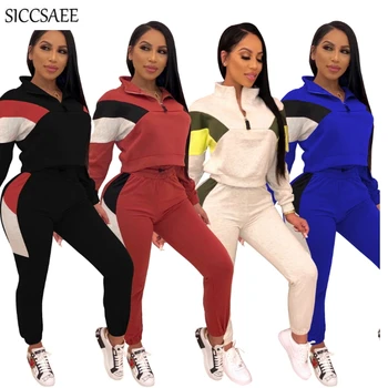

Turtleneck Pullover Crop Top And Pants Activewear Loose Zipper Front Patchwork 2 Piece Set Women Tracksuit Casual Clothing Suits