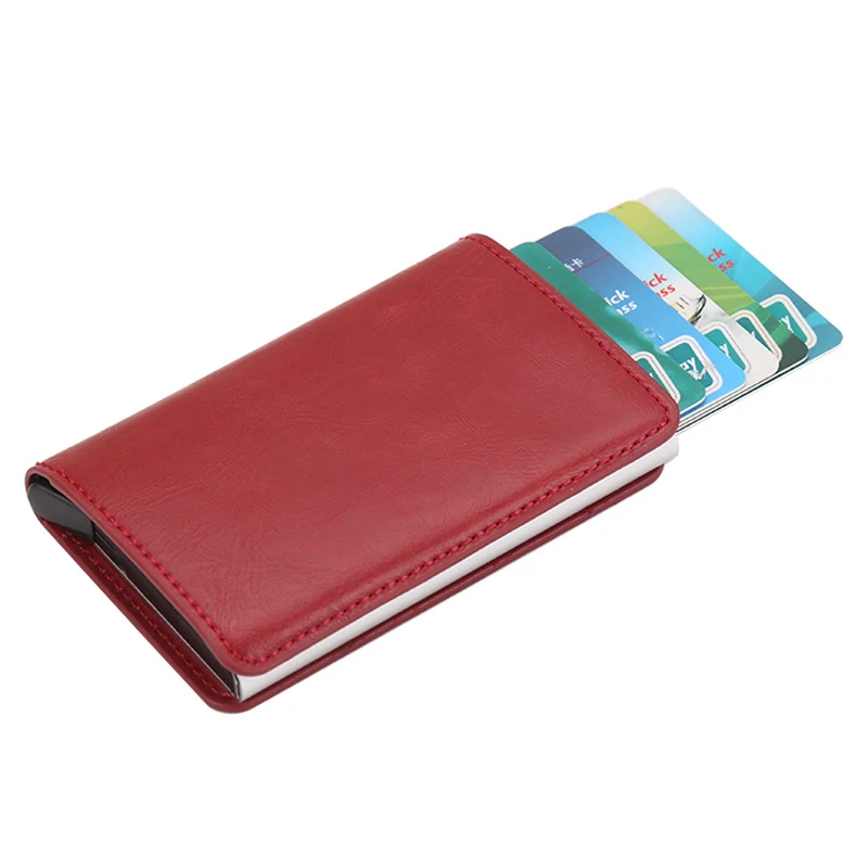RFID Blocking Credit Card Holder Genuine Leather Men ID Card holder Mini Wallet Vintage Metal Automatic Anti-theft Card Wallet - Цвет: Красный