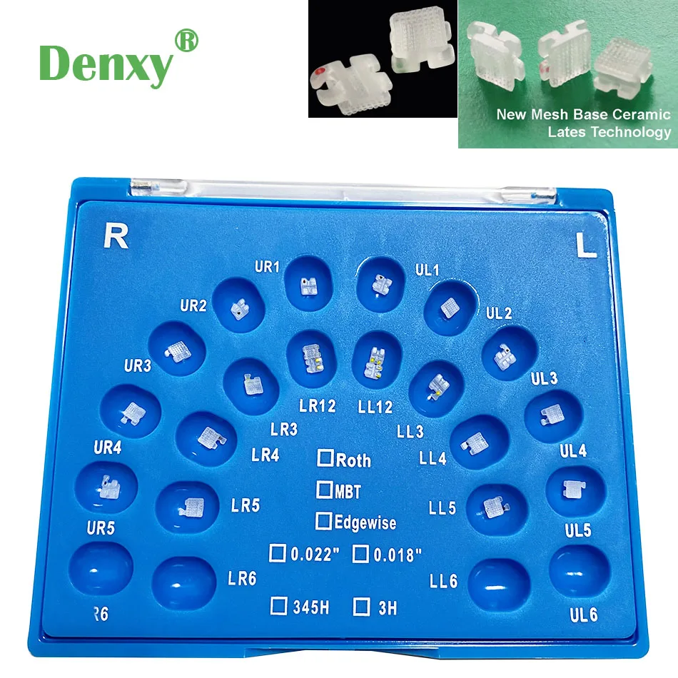 Denxy 2sets 3Series Ceramic Brakcets Orthodontic Brackets Mesh Base Dental Orthodontic Brace MBTt/Roth 022 hooks345 denxy 10pcs higher quality golden orthodontic lingual traction chain round base button gold plated mesh orthodontic bracket