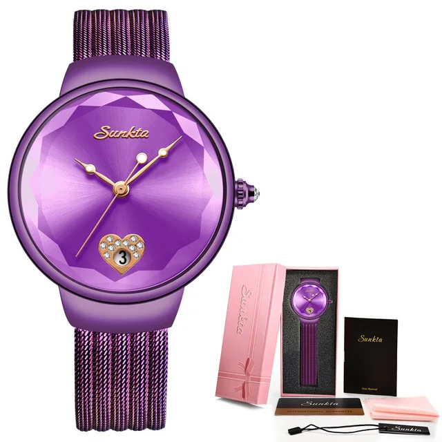 purple SUNKTA, женские роскошные Брендовые Часы, простые Кварцевые женские водонепроницаемые наручные часы, женские автоматические часы с датой, reloj mujer Montre Femme+ box - Цвет: purple