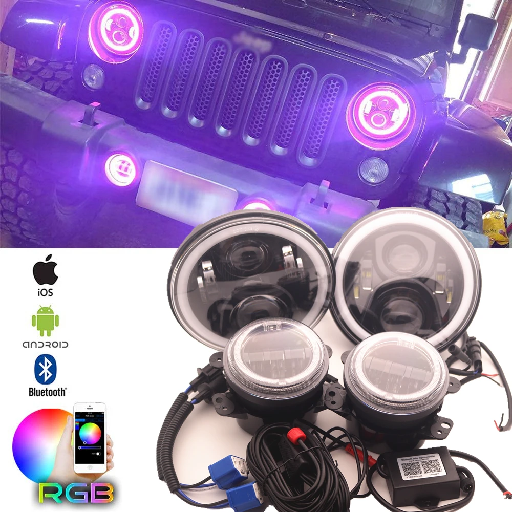 

7" LED RGB Halo Headlights Fog Light Combo Kit for Jeep Wrangler JK 2007-2018