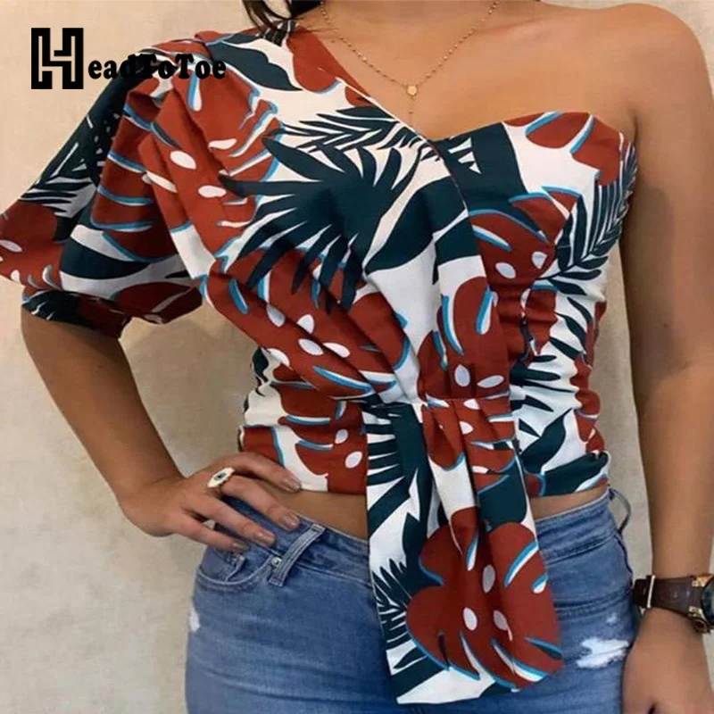 Sexy Women One Shoulder Print Blouse 