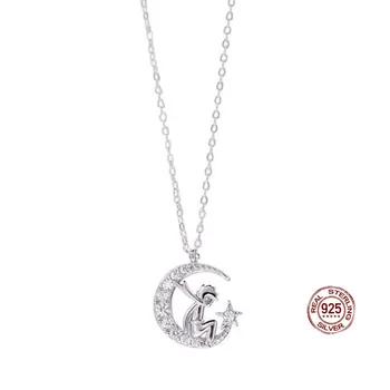 

Little Prince on Moon Chain Necklace with Sparkling Zircon 925 Sterling Silver Women Girl Fashion Cartoon Jewelry Birthday Gift