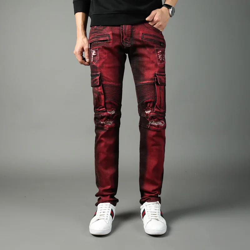 mens red distressed jeans