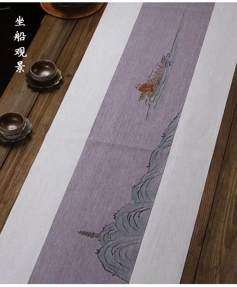 Taiwan Waterproof Tea Banquet Table Runner Hand-Painted Coloured Drawing Printed Chinese Style Zen Cotton Linen Fabric Tea Cerem