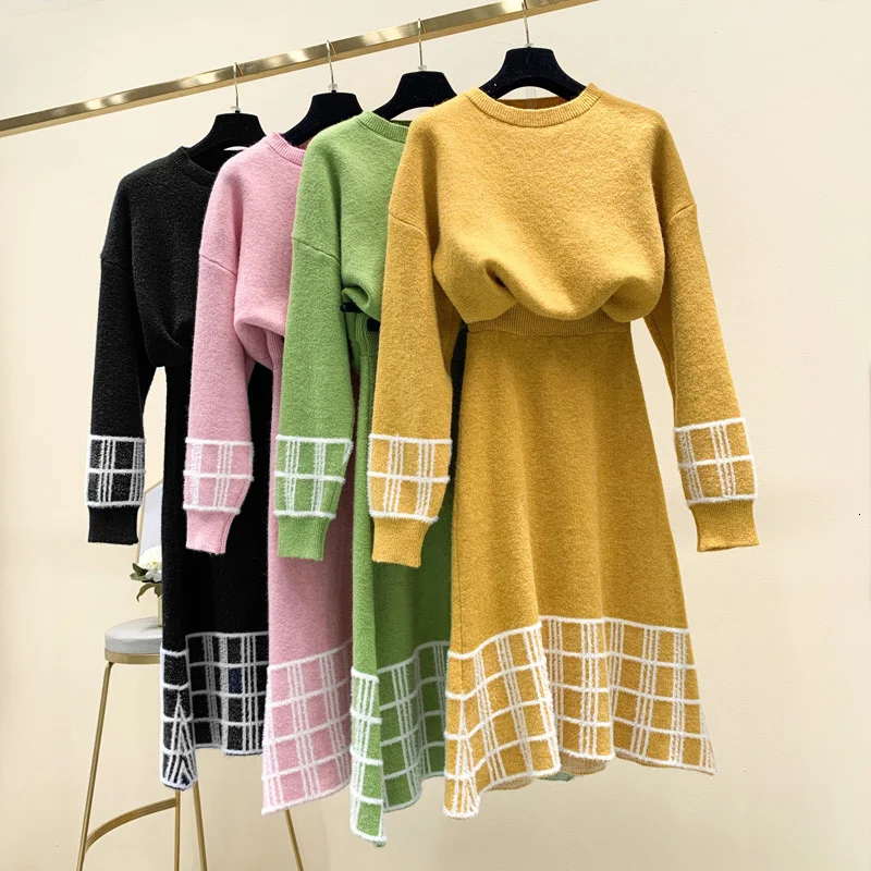 

Knitted Pullover Sweater Suit 2019 Fall Winter New Solid Plaid Trim Soft Sweater and Mid-calf Skirt Two-piece Female Casual Set