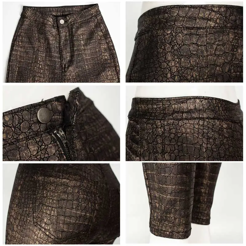 Fashion Stretch Gold PU Leather Pants Women High-Waist Female Elasticity Women's Tights Pencil PU Crocodile leather Pants #08