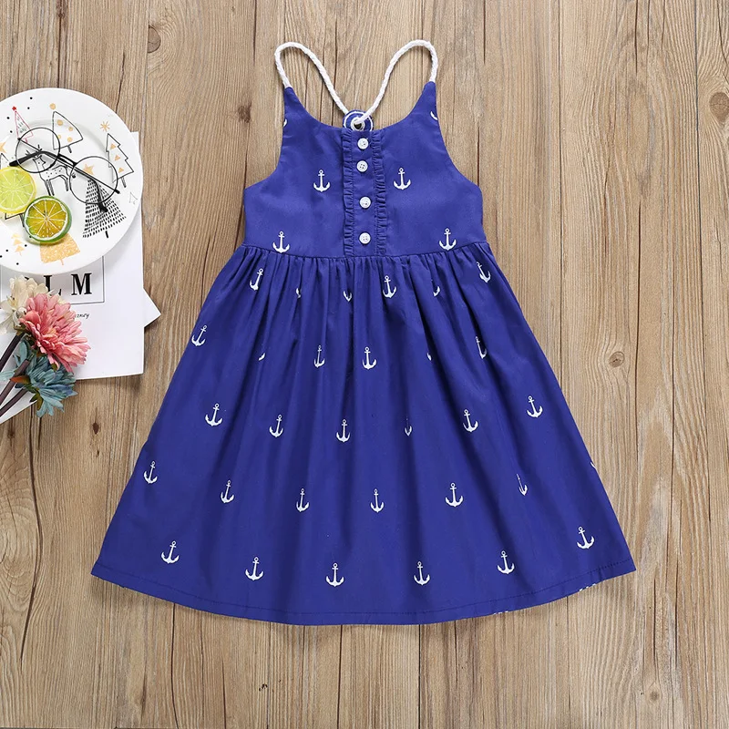 

Girls Dress Summer Blue Boat Anchor Camisole Girls' Princess Skirt Beach Children Shirt Backless GIRL'S Dress