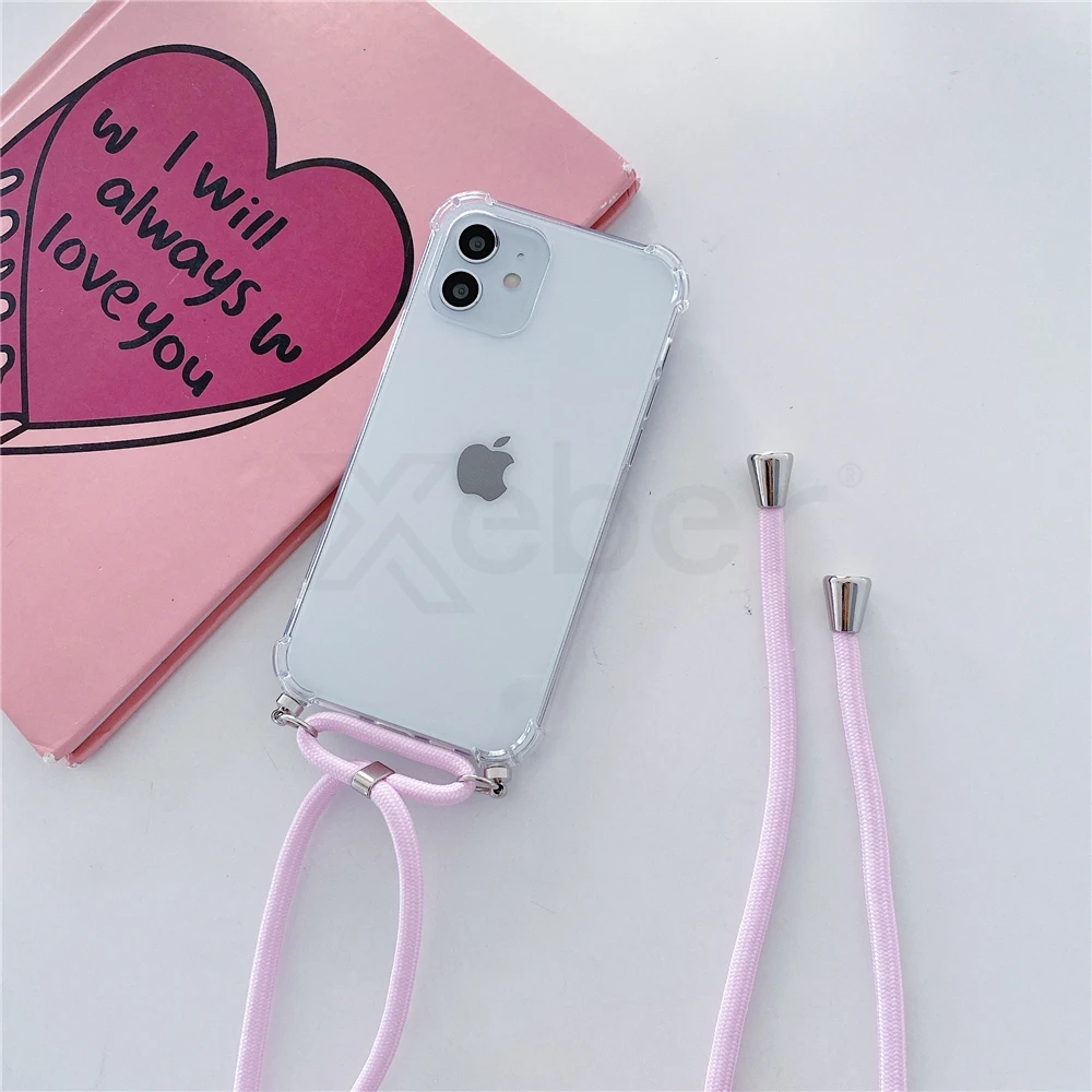 Necklace Lanyard Strap Chain Phone Case For iPhone 13 Pro Max 12 11 14 XS X XR Mini SE 2 6S 7 8 Plus Transparent Soft Rope Cover cute iphone 11 cases