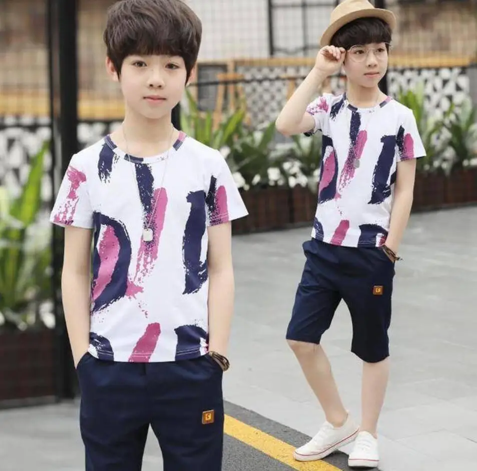 2020 Summer Clothes For Boys Style Letter Outfits Top Cotton T Shirts+Shorts Pants Tracksuits 5 6 7 8 9 10 11 12Years |