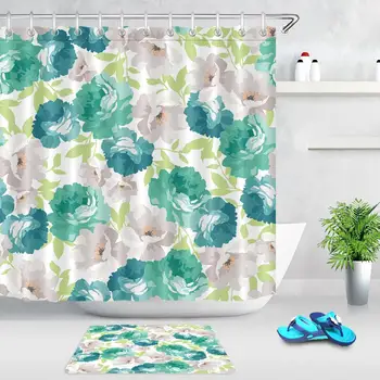 

Watercolor Floral Pattern with Blue Green Roses Bath Curtains with 12 Hooks Flowers Waterproof Bathroom Bathtub Shower Curtain