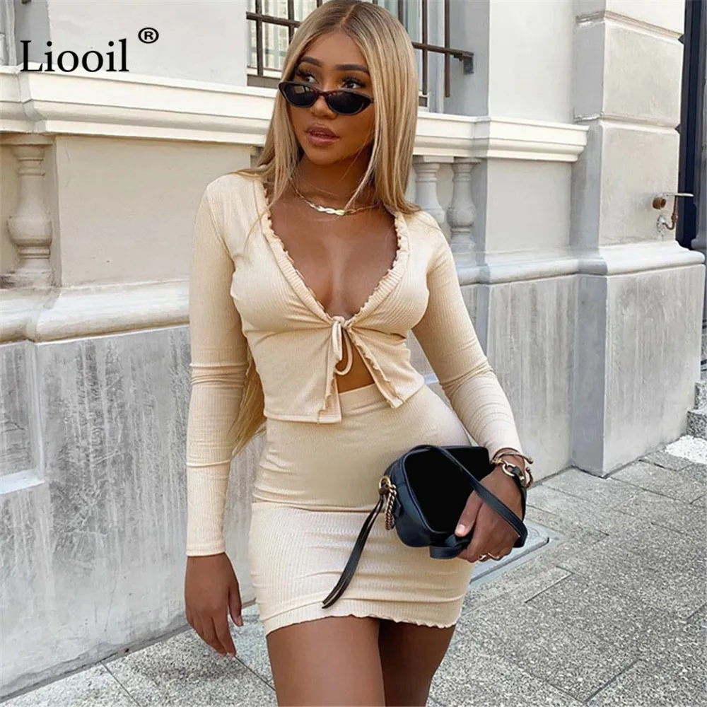 

Liooil Knit Ribbed Two Piece Set Sexy Drawstring Tops And Skirts 2020 Long Sleeve V Neck Women Club Outfits 2pcs White Suit Sets