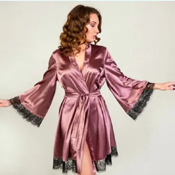 

Women Sleepwear Simulated Silk bathrobe autumn and winter plus size peignoir femme lace szlafrok sexy robe ladies pajamas summer