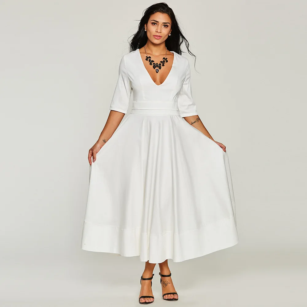

BacklaekGirls 2020 White Satin Cocktail Dresses Half Sleeves A Line Sexy V Neck Vestidos Coctel Mujer Tallas Grandes Zipper Back