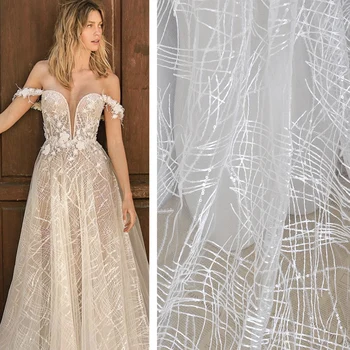 

Fairy White Tulle lace fabric Sequins Embroidery DIY Clothing skirt dress lace fabric Wedding Dress Bridal Fabric sell by 1 yard