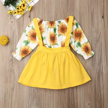 

CANIS Infant Kid Baby Girl Sunflower Clothes 2019 Autumn Long Sleeve Ruffles Romper Solid Color Strap Dress Outfit