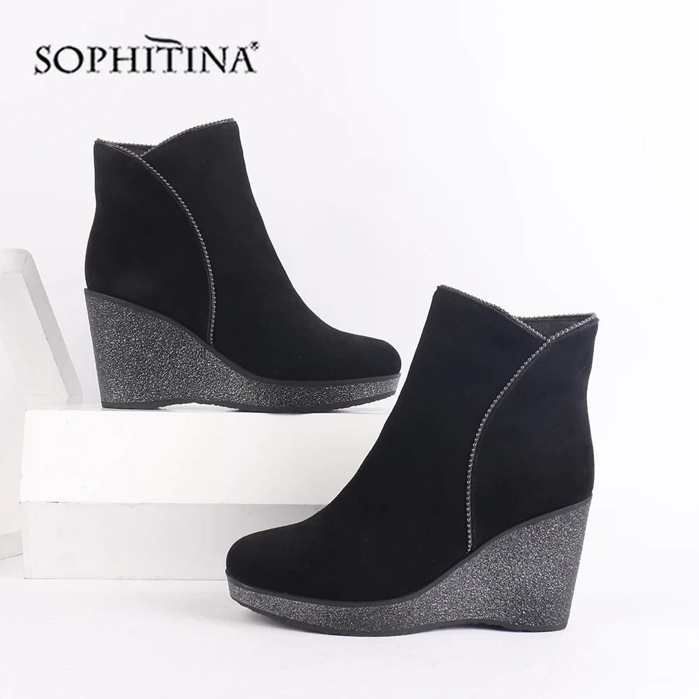 SOPHITINA/удобные ботинки с круглым носком; модная однотонная обувь из высококачественной натуральной кожи на танкетке; новые женские ботильоны; SC497