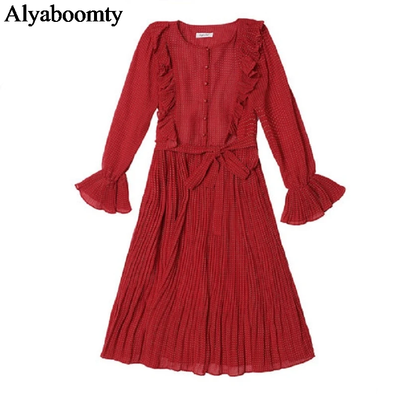Новинка,женское нежное миди платье весна-осень,женственное шикарное платье в горошек,элегантное шифоновое плиссированное платье,плюс размер женская одежда,черного и красного цвета,больших размеров:L-4XL