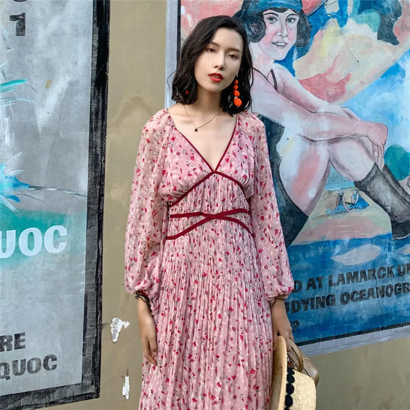 Women Floral Long Pleated Ruffles Dress V-neck Sleeves Slim Sweet Fairy Temperament Beach Style Print Femmes Dresses | Женская одежда