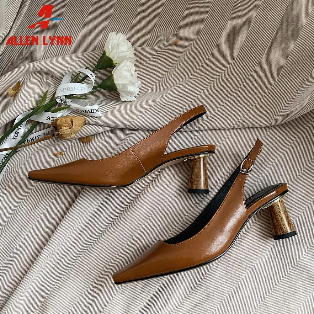 

ALLEN New Ladies Summer Sexy High Heel Shoes Woman Brand Genuine Leather Shallow Sandals Women Fashion Pointed Toe Sandals