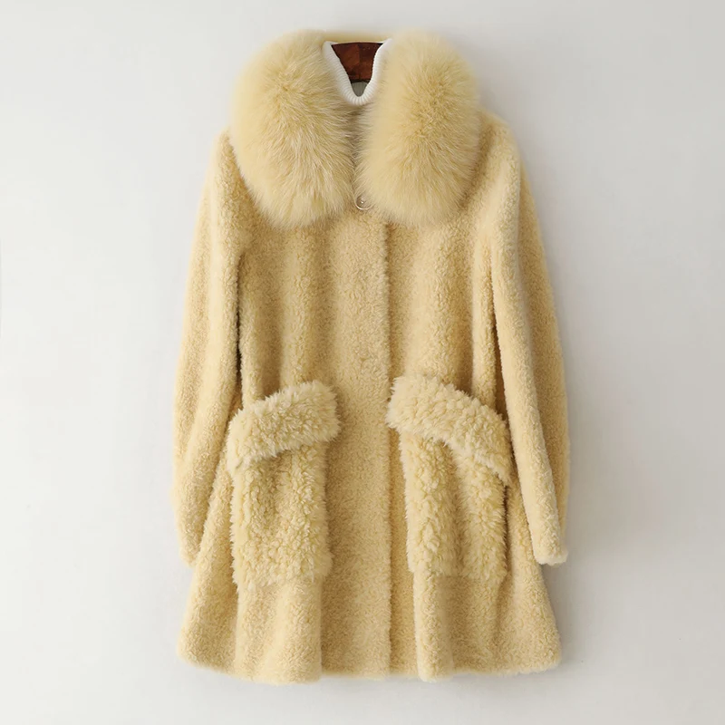 Yellow Пальто из натурального меха, женская одежда, зимняя куртка с большим воротником из лисьего меха, шерстяные пальто и куртки для стрижки овец, HQ19-ZCFR19126C KJ3381 - Цвет: Yellow