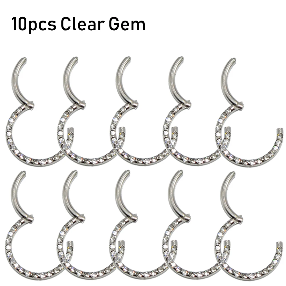 10PCS Clear Gem 10 шт хирургические стальные перегородки Кликер Кристалл Нос кольцо Лабрет губы кольцо уха трагус спираль серьги, Надеваемые На ушной хрящ Ювелирное Украшение для пирсинга соска - Окраска металла: 10PCS Clear Gem