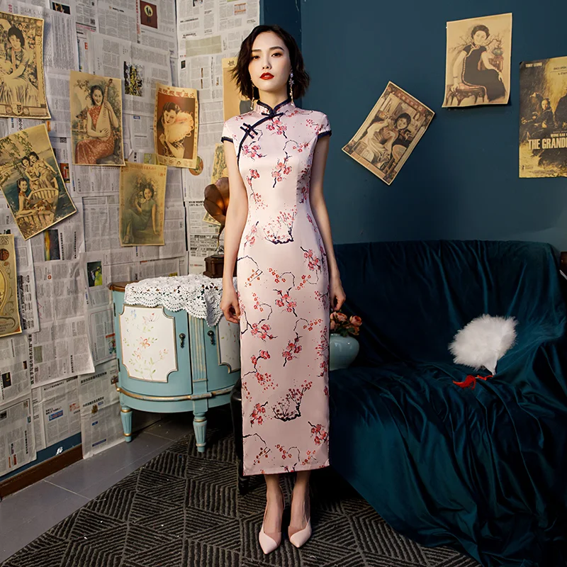 short sleeve long silk qipao dress vintage chinese dress cheongsam chinese traditional wedding dress qi pao flower print - Цвет: color8