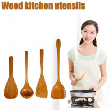 

4Pcs Shovel Dining Cooking Wooden Spatula Set Handhold Smooth Soup Utensil Hanging Set Spoon Non Kitchen Tableware Stick Z0F2