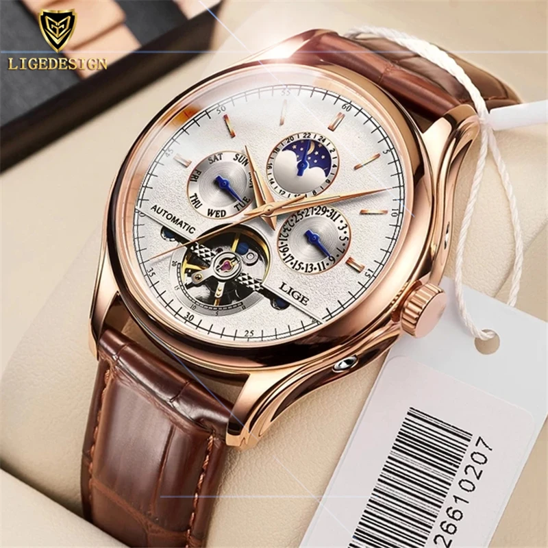 

LIGE New Classic Mens Watches Automatic Mechanical Watch Leather Waterproof Wristwatch Tourbillon Skeleton Watch For Men Relogio