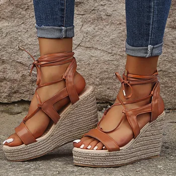 

2020 New Summer PU High Wedges Heel Sandals Fashion Lace-up Open Toe Platform Elevator Women Sandals Shoes Plus Size 35-43