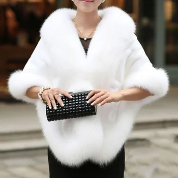 

Winter Faux Fur Cape Coat Women White Elegant Sexy Fashion Fake Fox Fur Capes Warmness Outwear Black Shawl Ladies Warp Ponchos