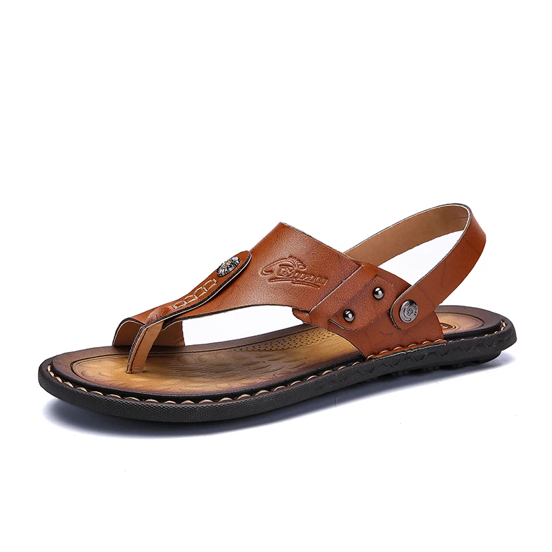 Мужские Вьетнамки; брендовые летние сандалии из натуральной кожи; мужская повседневная обувь; пляжные сандалии; удобные шлепанцы - Цвет: brown