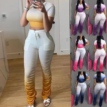

New Women Tracksuits Two Pieces Set Short Sleeve Top Flared Pants 2 Pieces Set Pleated Pants Sports Suit Print Outdoor Wear 2020