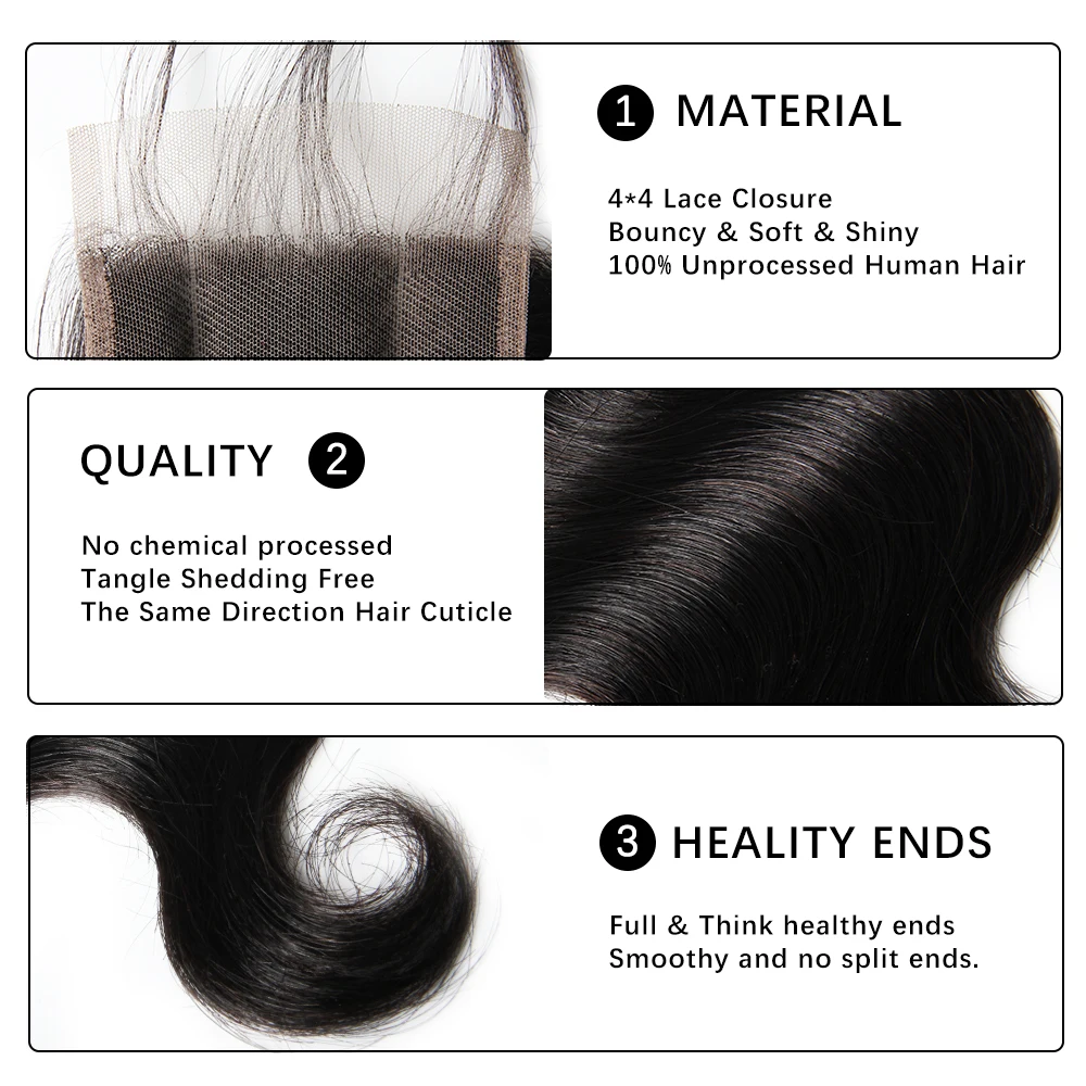 Body Wave 4x4 Lace Closures Remy Human Hair Closure Swiss Lace Body Wave Closure Only Natural Color Brazilian Hair