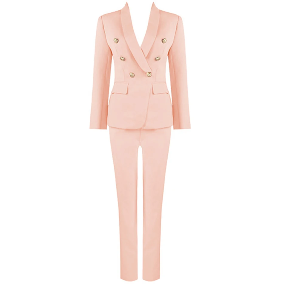 Autumn And Winter New Women'S Pants Suit Pink Button V-Neck Suit Jacket And Pants 2019 Office Clothes Women'S Suit Women'S Set