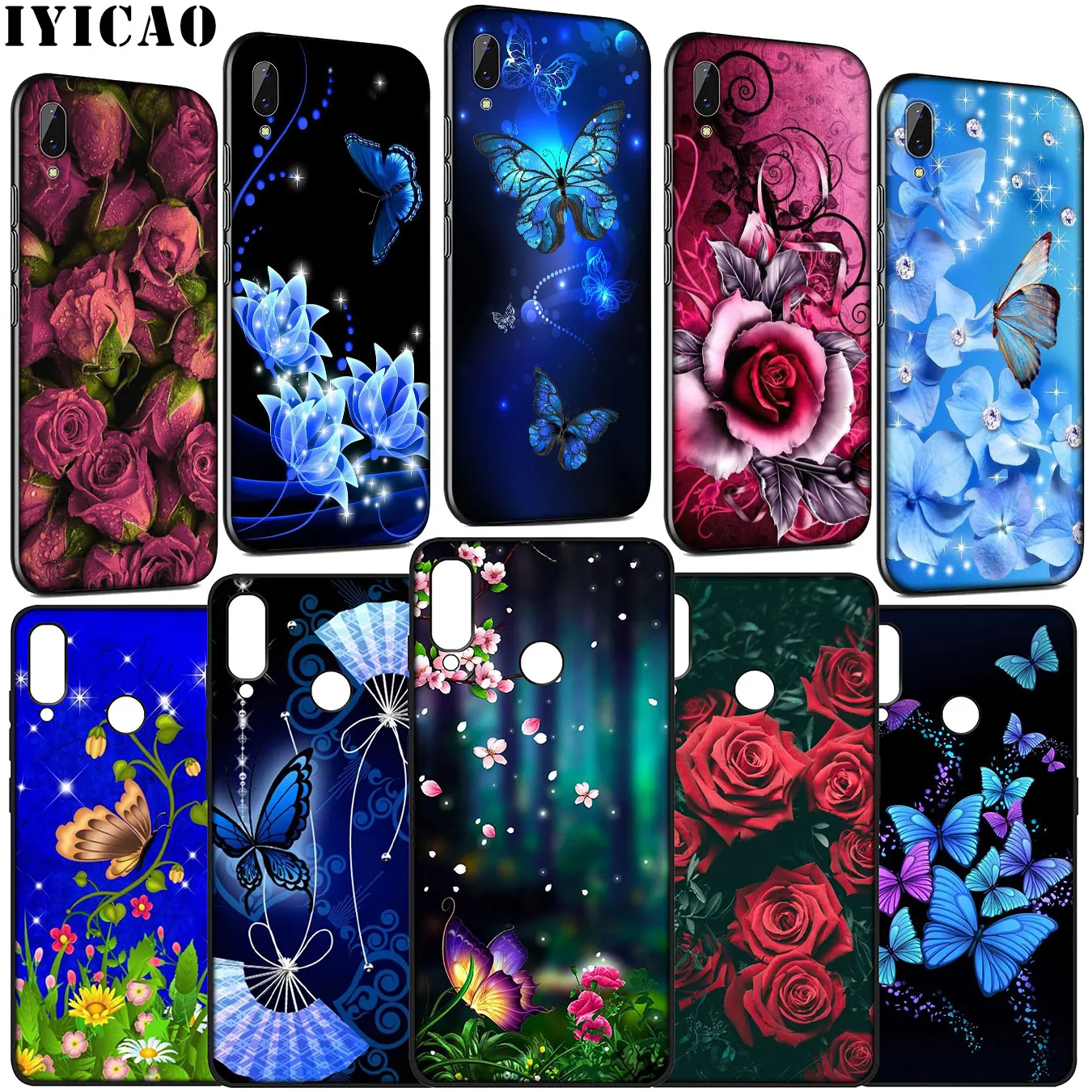 IYICAO Butterfly Blue flower Luxury rose Soft Case for Huawei Y9 Y7 Y6 Prime 2019 Honor 20 10 9 9X 8C 8X 8 Lite 7C 7X 7A Pro |