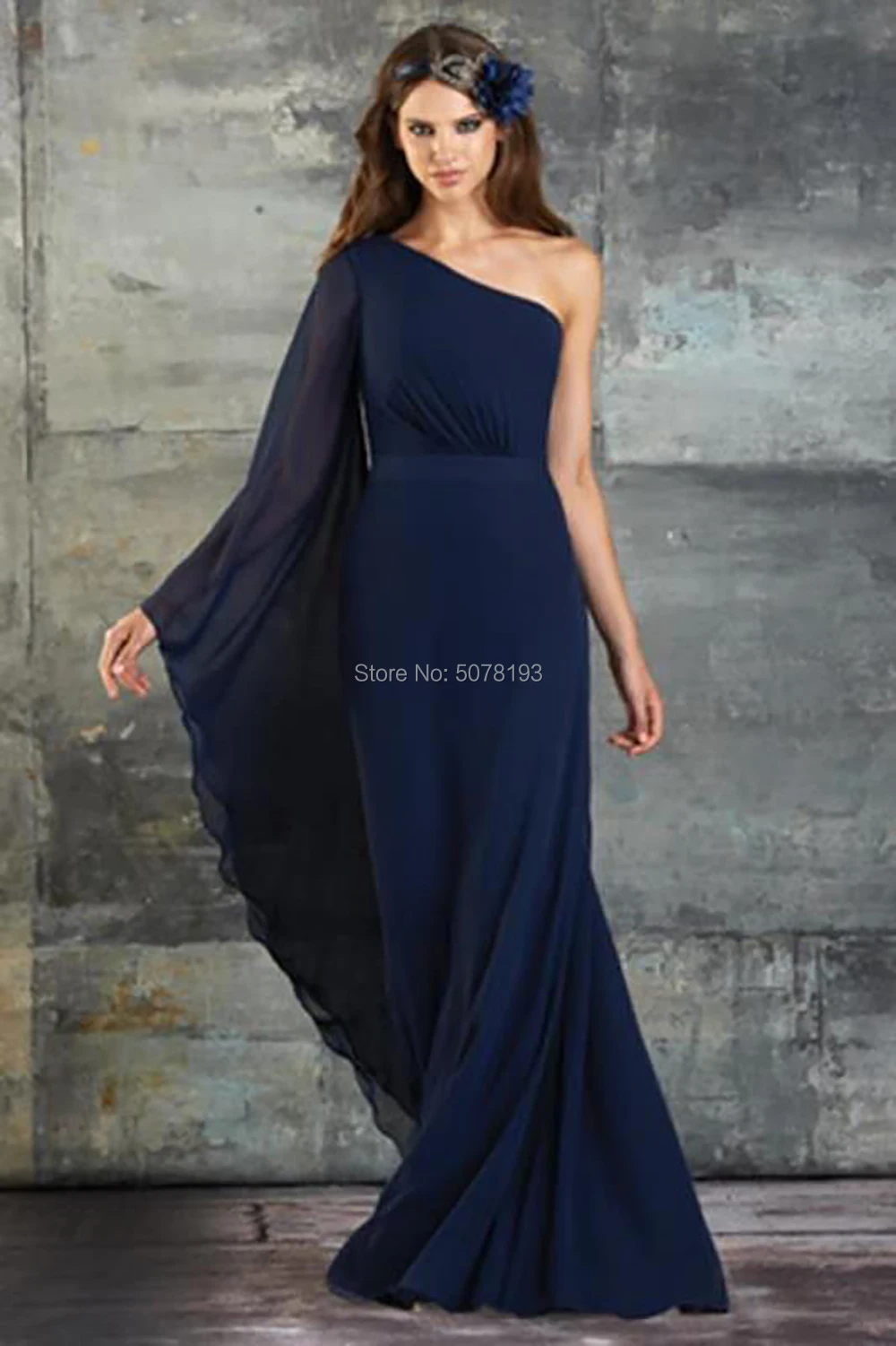 

1017 Elegant Navy Fashion One-Shoulder Long Sleeve straight Floor-length Chiffon evening dress/formal gowns pleats free shipping