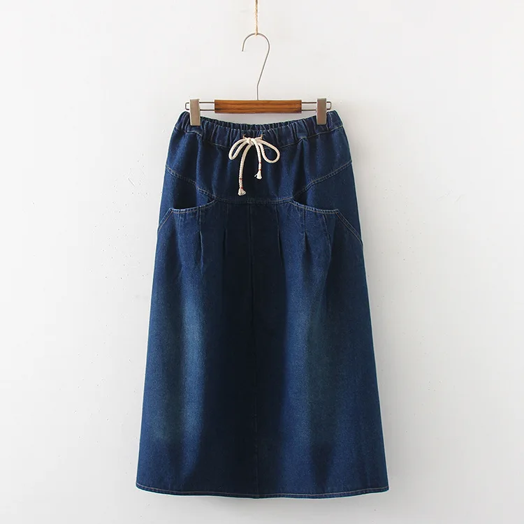 

Elastic Waist Solid Color Denim Skirt Mid-length Loose-Fit Large Pocket Casual A- line Skirt Skirt Autumn S28411