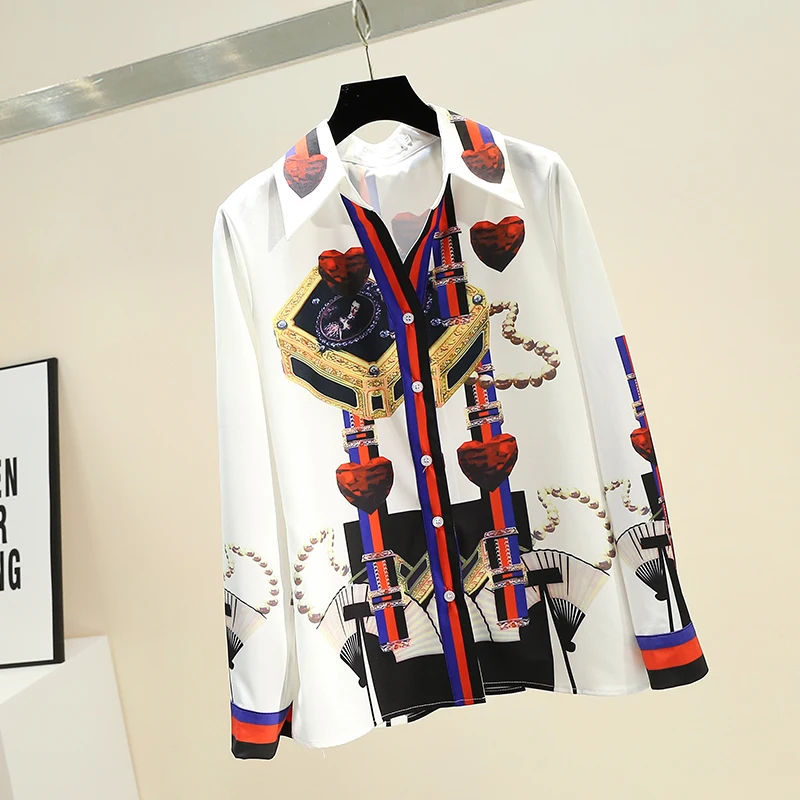 2022 Spring New Retro Print Blouse Women Lapel Shirt Woman Long Sleeve Shirt Tops Office Ladies All-match Blouuse Blusas Femme
