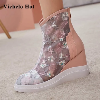 

Vichelo Hot french romantic natural leather flowers sweet girls round toe high heels beauty lady dress dating ankle boots L95