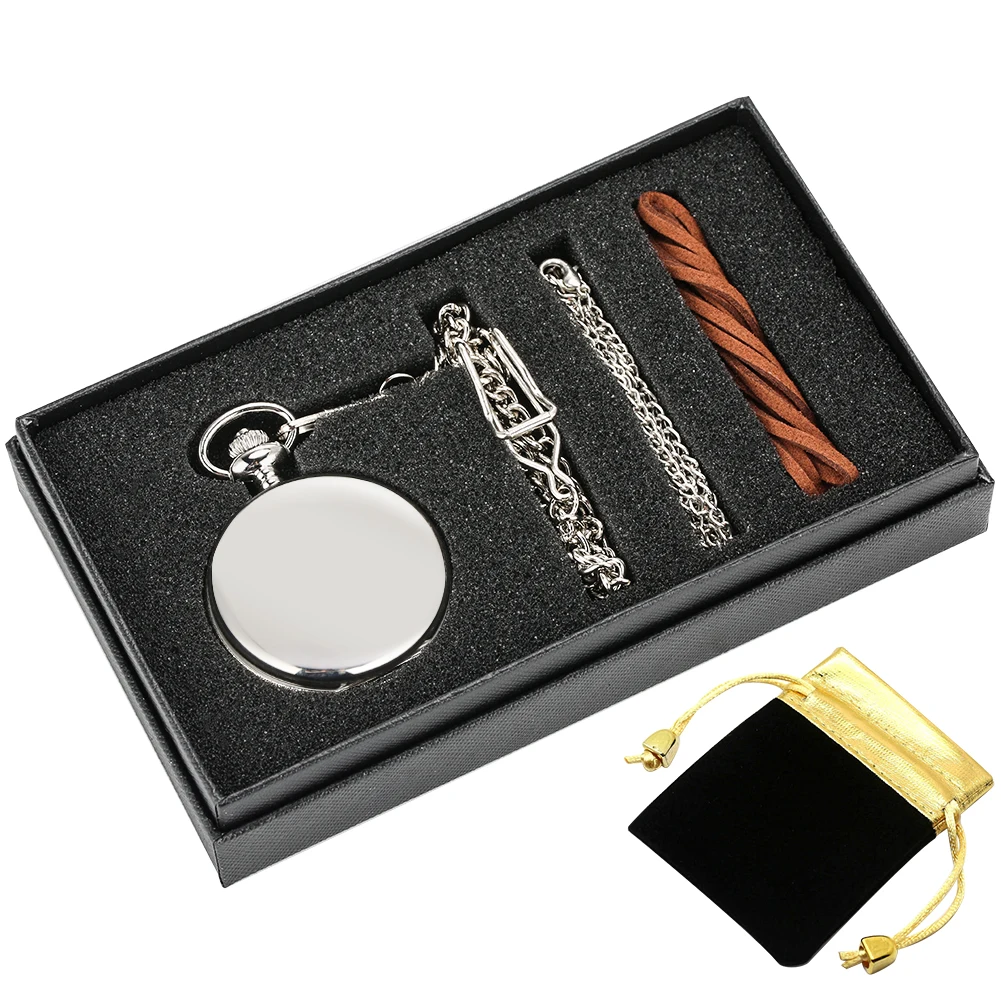 

Pocket Watch Gifts Box Set Smooth Silver Case White Dial With Roman Numerals Pocket Watches Pendant Chain Unisex
