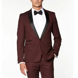 New Burgundy Men Suits 2 Piece Black Notched Lapel One Button Blazer Suit Skinny Formal Party Groom Men's Tuxedo (Jackets+Pants)