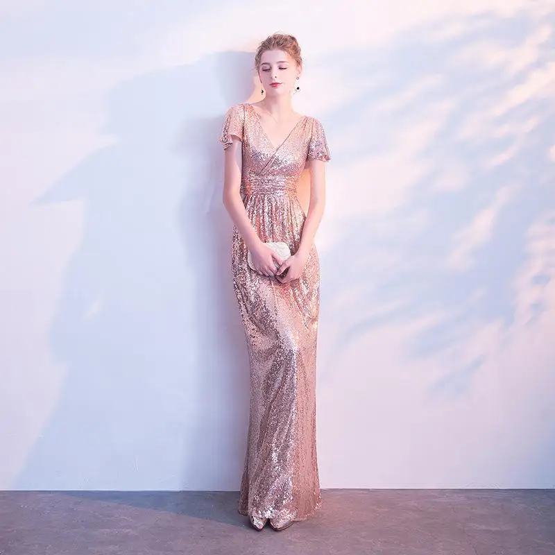 Изысканное женское вечернее платье Qipao с супер блестящими блестками, официальное вечернее платье, полная длина, v-образный вырез, платье для выпускного вечера - Цвет: Pink  style 1