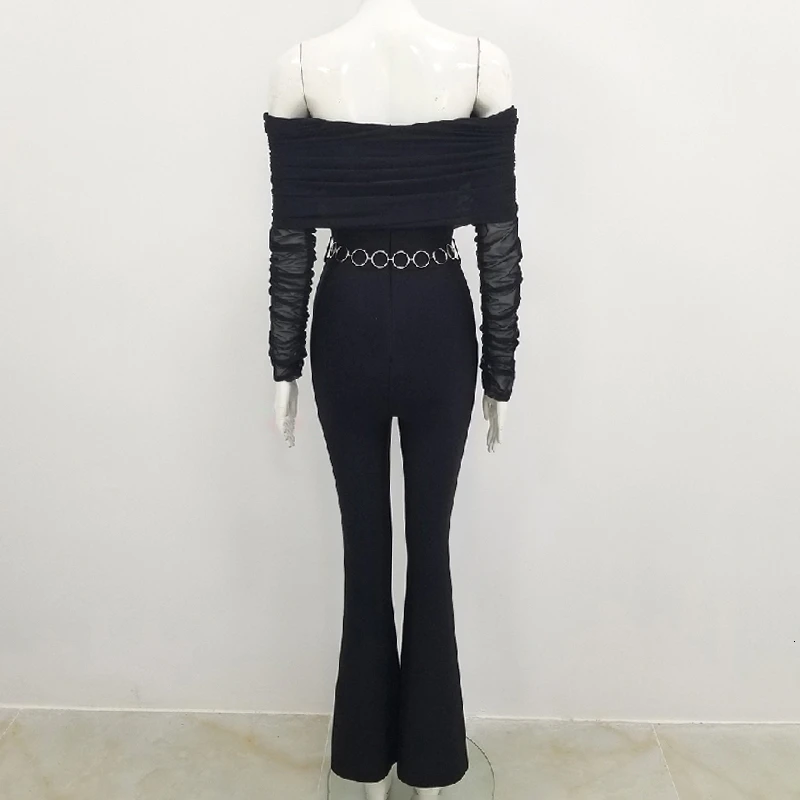 CHICEVER Ruched Mesh Женские Комбинезоны с открытыми плечами с длинным рукавом Туника с высокой талией сексуальный комбинезон с широкими штанинами Женская мода Новинка