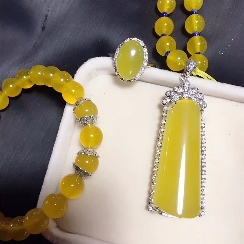LETSFUN Fine Jewelry 925 Серебро инкрустированные натуральный желтый халцедон кулон ожерелье кольцо браслет набор подарки