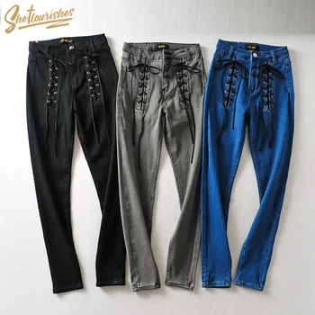 

Sheflourishes Women Jeans Pencil Pants High Waist Slim Stretch Denim Trousers Lace-up Bow Autumn Blue femme Skinny Casual 2020 H