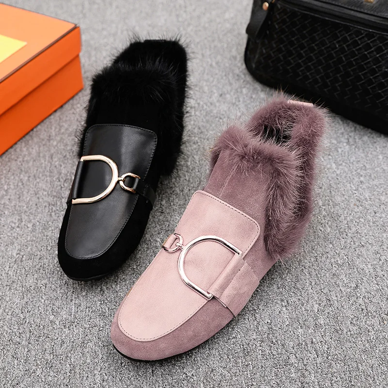 autumn and winter new women's shoes round head leather flat bottom mink boots